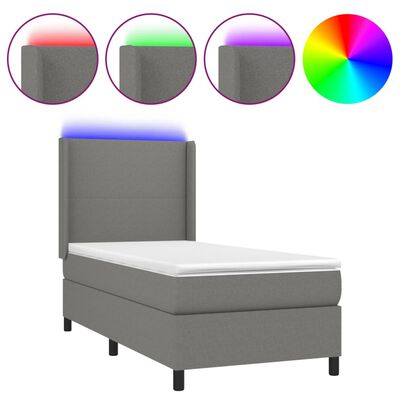 vidaXL Κρεβάτι Boxspring με Στρώμα & LED Σκ.Γκρι 90x190 εκ. Υφασμάτινο