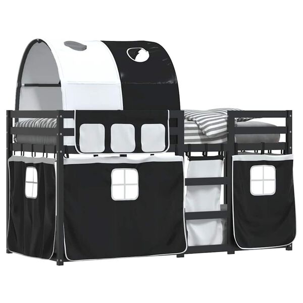 vidaXL Κουκέτα με Κουρτίνες Λευκό/Μαύρο 90x190 εκ. Μασίφ Ξύλο Πεύκου