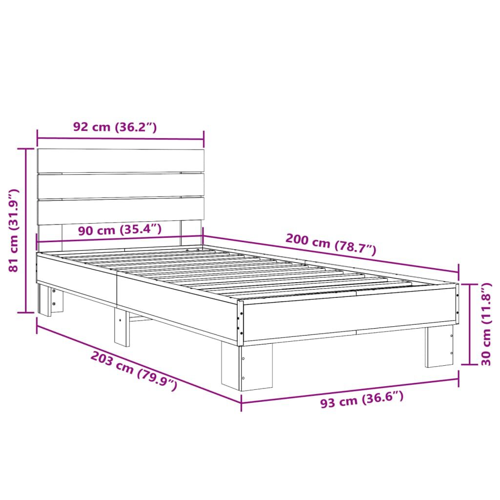 vidaXL Πλαίσιο Κρεβατιού Γκρι Sonoma 90x200 εκ. Επεξ. Ξύλο & Μέταλλο