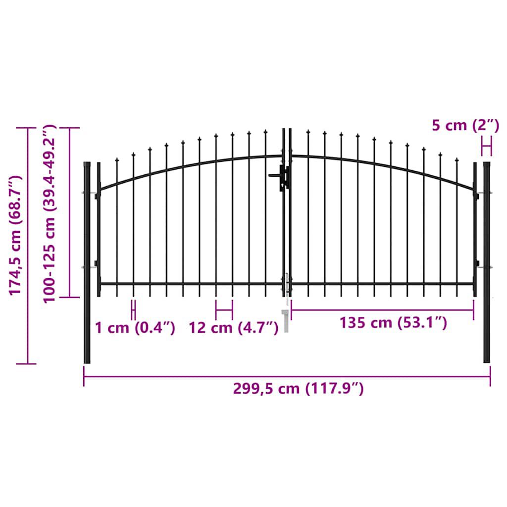 vidaXL Καγκελόπορτα Διπλή με Ακίδες Μαύρη 3 x 1,25 μ. Ατσάλινη