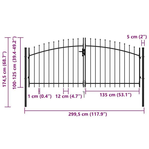 vidaXL Καγκελόπορτα Διπλή με Ακίδες Μαύρη 3 x 1,25 μ. Ατσάλινη