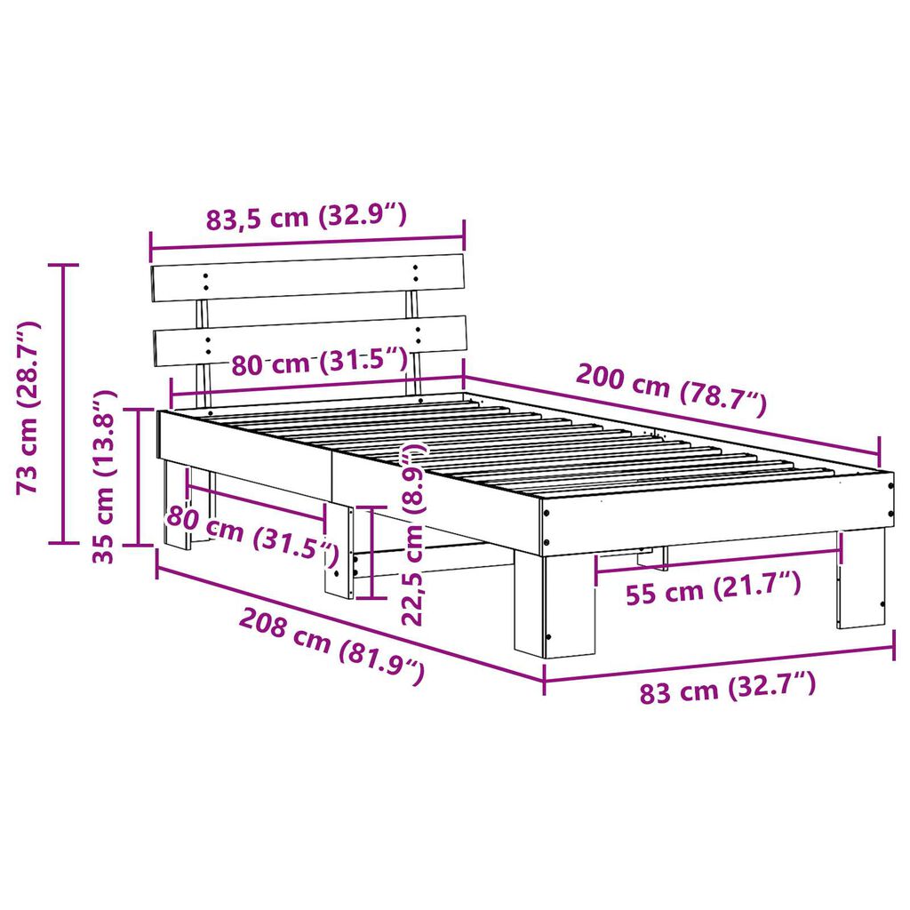 vidaXL Κρεβάτι Πλαίσιο με Κεφαλάρι 80x200 εκ Μασίφ Ξύλο Πεύκου