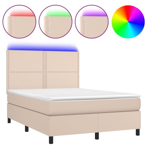 vidaXL Κρεβάτι Boxspring Στρώμα&LED Καπουτσίνο 140x190 εκ. Συνθ. Δέρμα