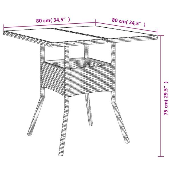 vidaXL Τραπέζι Κήπου Γυάλινη Επιφάνεια Μπεζ 80x80x75 εκ. Συνθ. Ρατάν