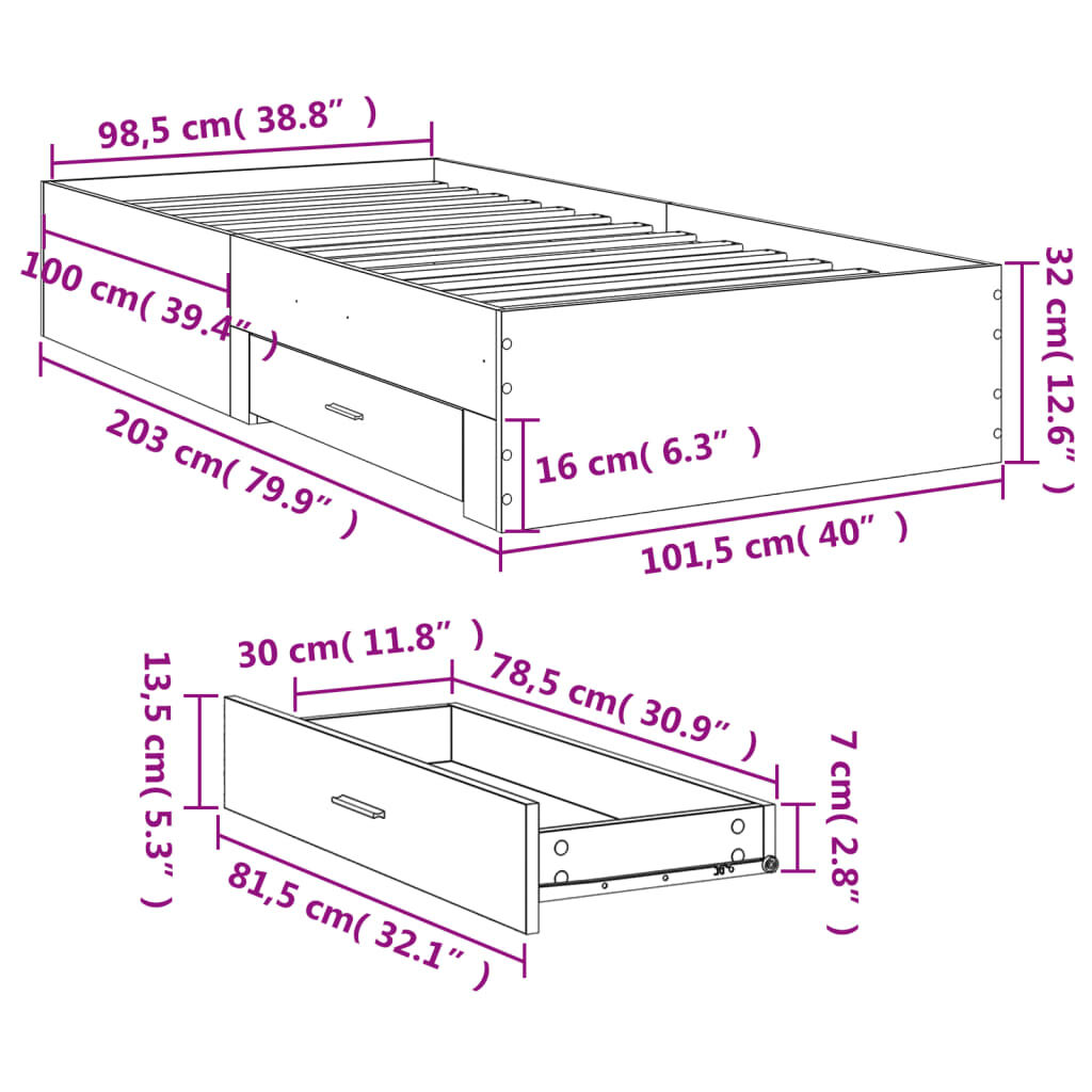 vidaXL Πλαίσιο Κρεβατιού με Συρτάρια Μαύρο 100x200 εκ Επεξεργ. Ξύλο