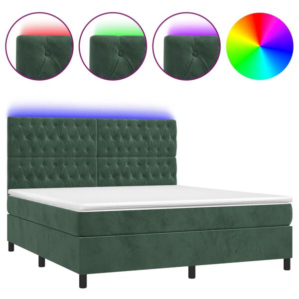 vidaXL Κρεβάτι Boxspring με Στρώμα & LED Σκ. Πράσινο 160x200εκ Βελούδο