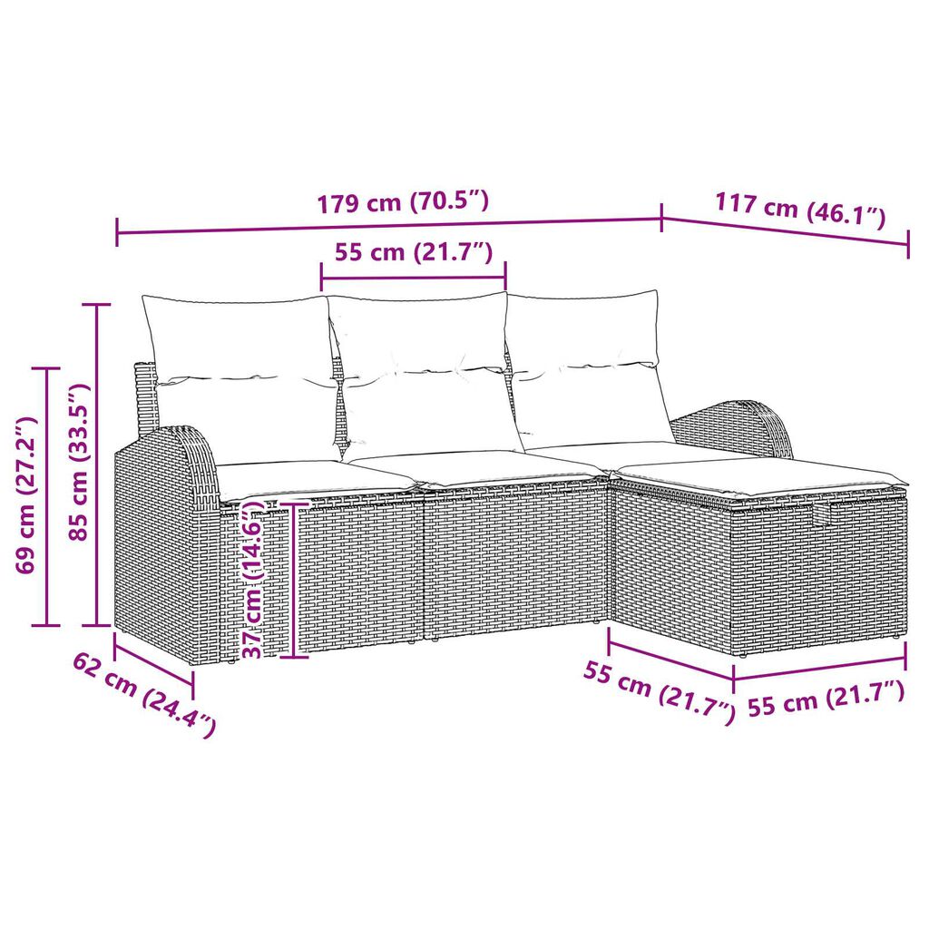 vidaXL Σετ Καναπέ Κήπου με μαξιλάρι 4 pcs Γκρι Πολυ ράταν