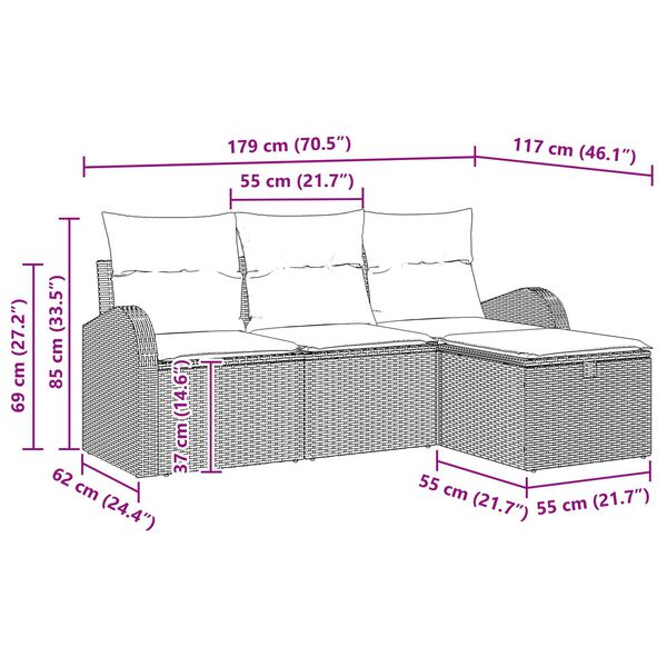 vidaXL Σετ Καναπέ Κήπου με μαξιλάρι 4 pcs Γκρι Πολυ ράταν