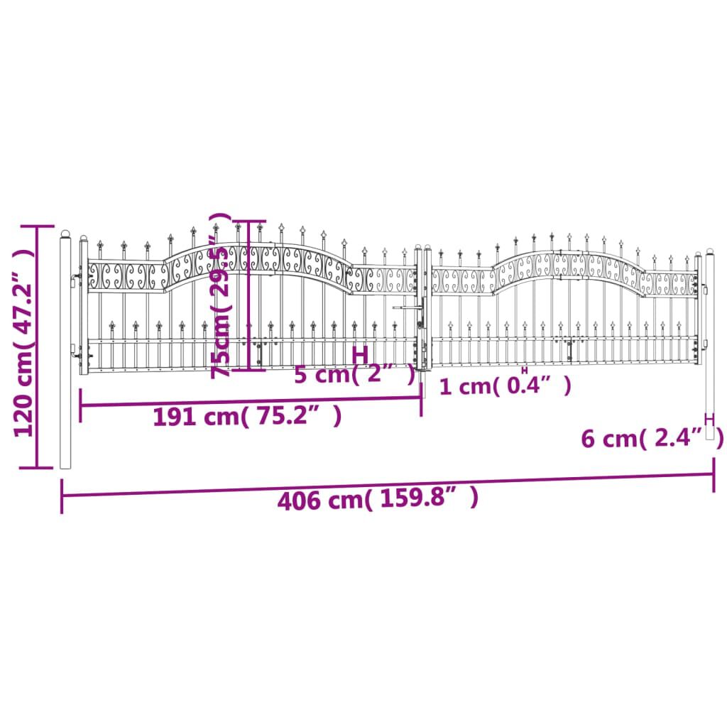 vidaXL Πόρτα Φράχτη με Ακίδες Μαύρη 406x120 εκ. Ατσάλι με Ηλεκτρ. Βαφή