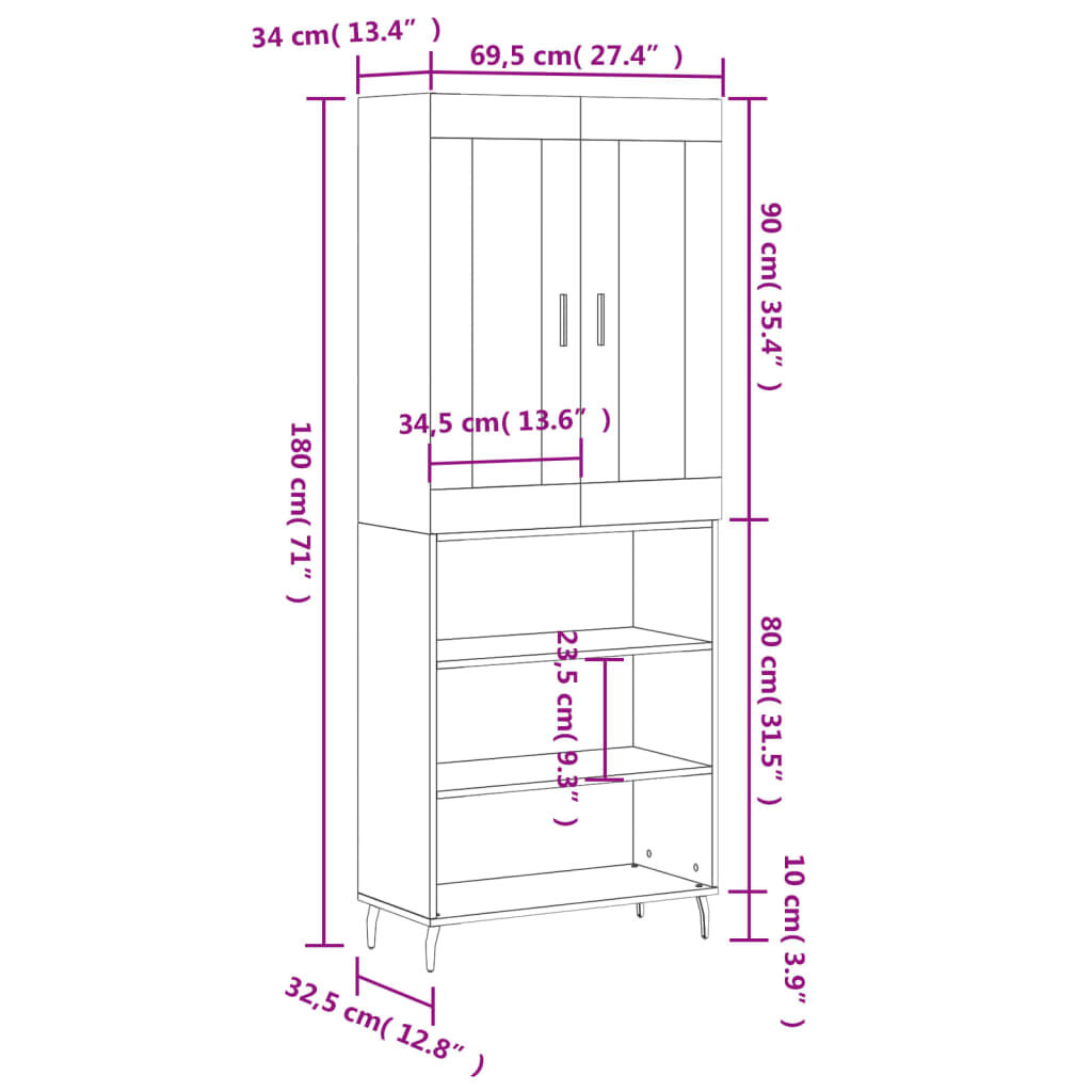 vidaXL Ντουλάπι Γκρι Sonoma 69,5 x 34 x 180 εκ. Επεξεργασμένο Ξύλο