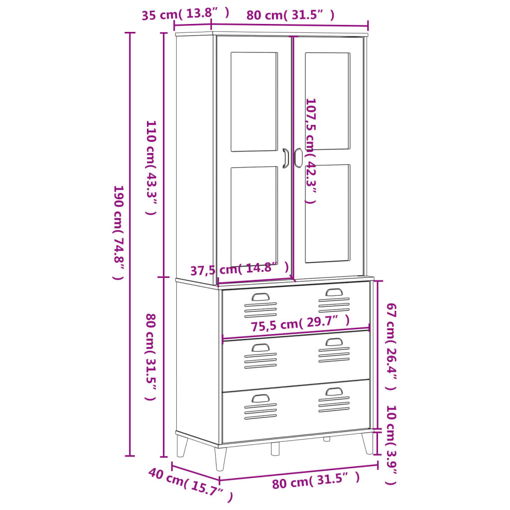 vidaXL Ντουλάπι Ψηλό VIKEN Λευκός 80x40x190 εκ. από Μασίφ Ξύλο Πεύκου