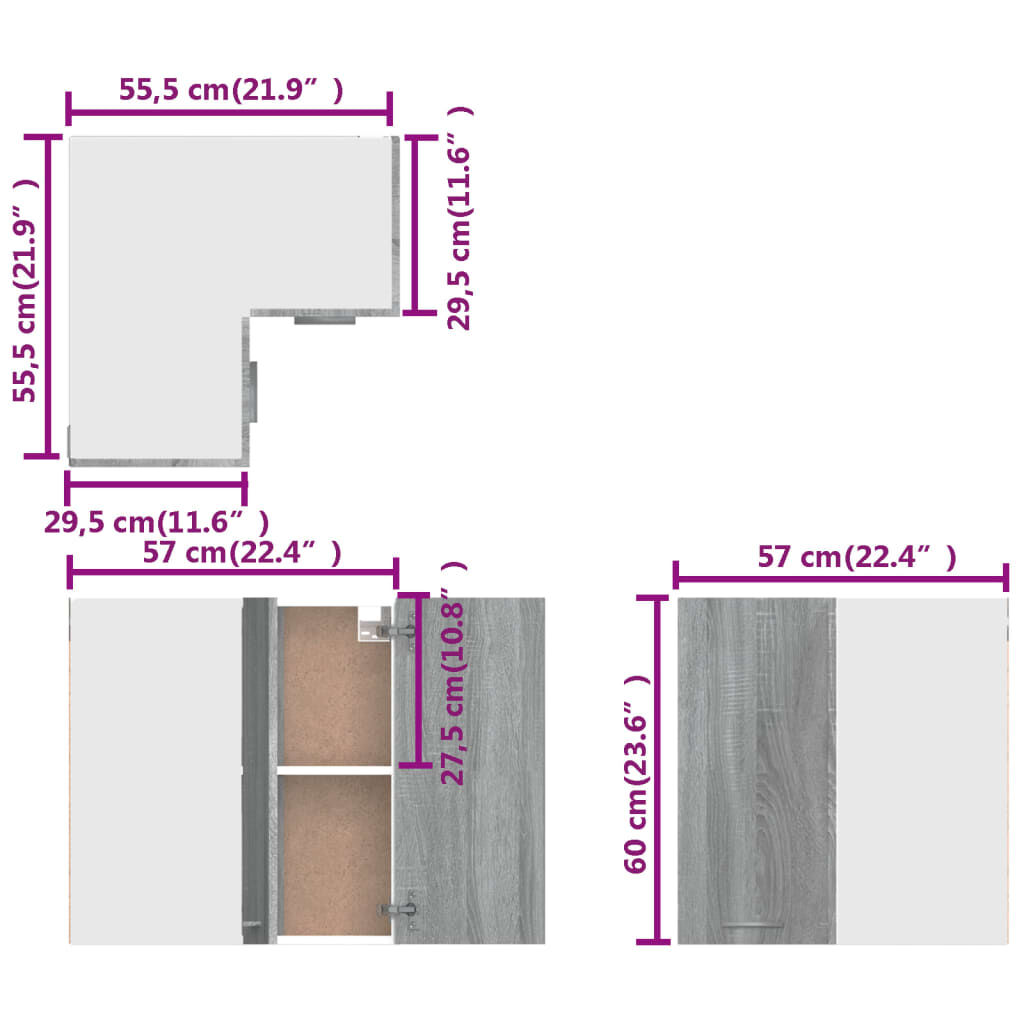 vidaXL Ντουλάπι Κρεμαστό Γωνιακό Lyon Γκρι Sonoma 57x57x60εκ.