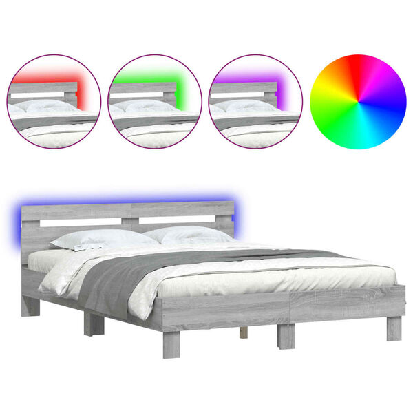 vidaXL Πλαίσιο Κρεβατιού με Κεφαλάρι/LED Γκρι Sonoma 140x190 εκ.