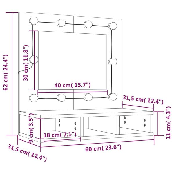 vidaXL Έπιπλο Καθρέπτη με LED Λευκό 60 x 31,5 x 62 εκ.