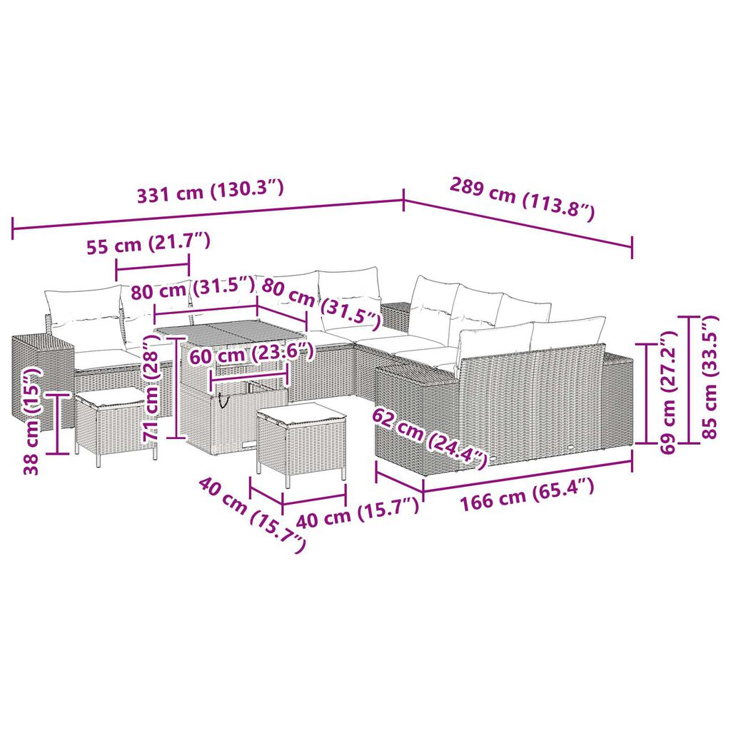 vidaXL Σετ Καναπέ Κήπου Ρυθμιζόμενο ύψος 13 pcs Μαύρο συνθετικό ρατάν
