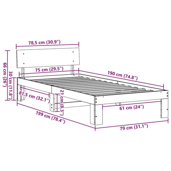 vidaXL Κρεβάτι με Κεφαλάρι 75x190 εκ. Μασίφ Ξύλο Πεύκου