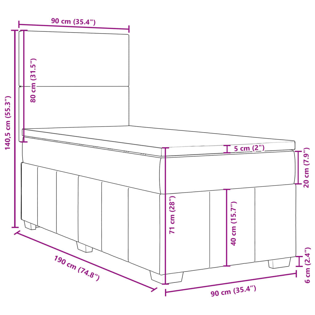 vidaXL Κρεβάτι Boxspring με Στρώμα Κρεμ 90x190 εκ.Υφασμάτινο
