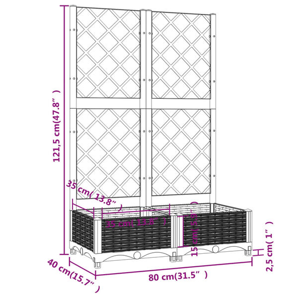 vidaXL Ζαρντινιέρα Κήπου με Καφασωτό Μαύρο 80 x 40 x 121,5 εκ. από PP