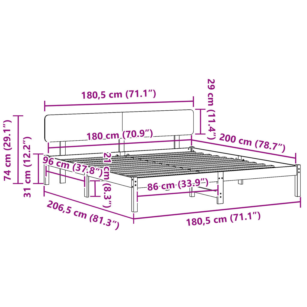 vidaXL Σκελετός Κρεβατιού Λευκό 180 x 200 cm Μασίφ ξύλο πεύκου