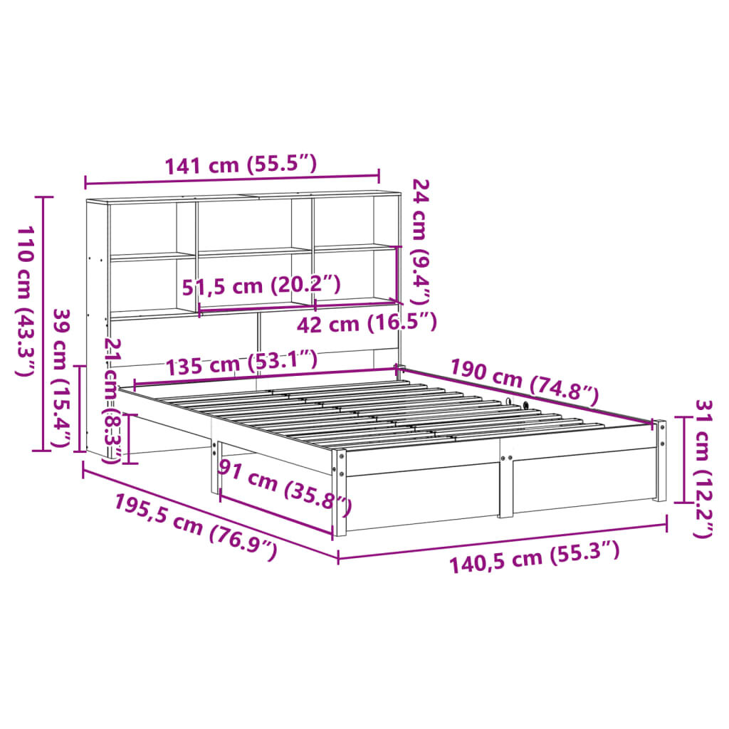 vidaXL Κρεβάτι Βιβλιοθήκη Χωρίς Στρώμα 135x190 εκ Μασίφ Ξύλο Πεύκου