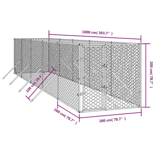 vidaXL Κλουβί Σκύλου Εξωτερ. Χώρου Ασημί 2x10x2 μ. από Γαλβαν. Ατσάλι