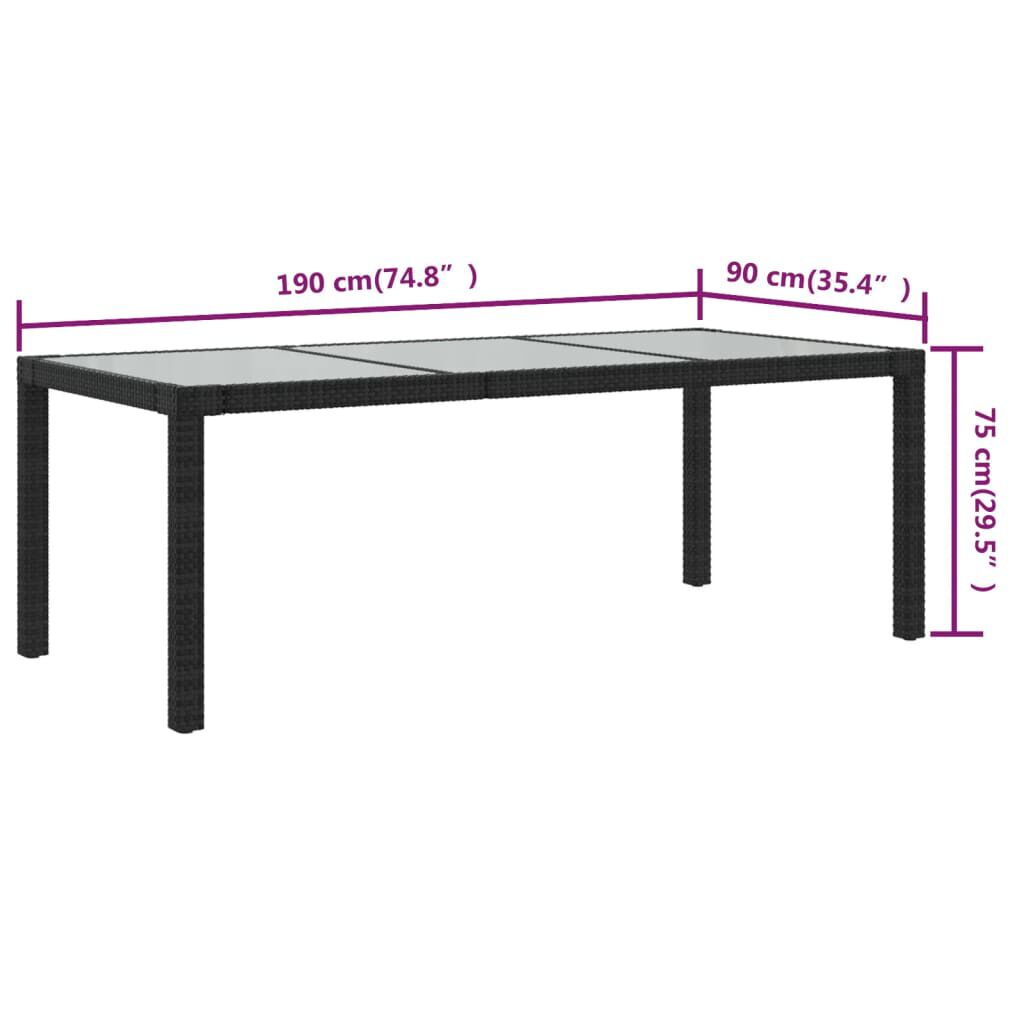 vidaXL Τραπέζι Κήπου Μαύρο 190x90x75 εκ. Ψημένο Γυαλί/Συνθετικό Ρατάν