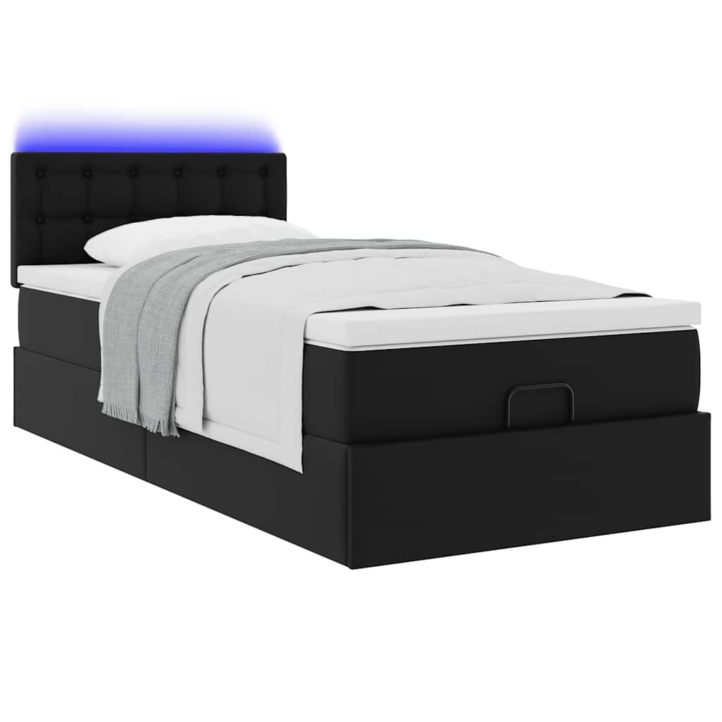vidaXL Οθωμανικό κρεβάτι με στρώματα & LEDs Μαύρο Faux Leather