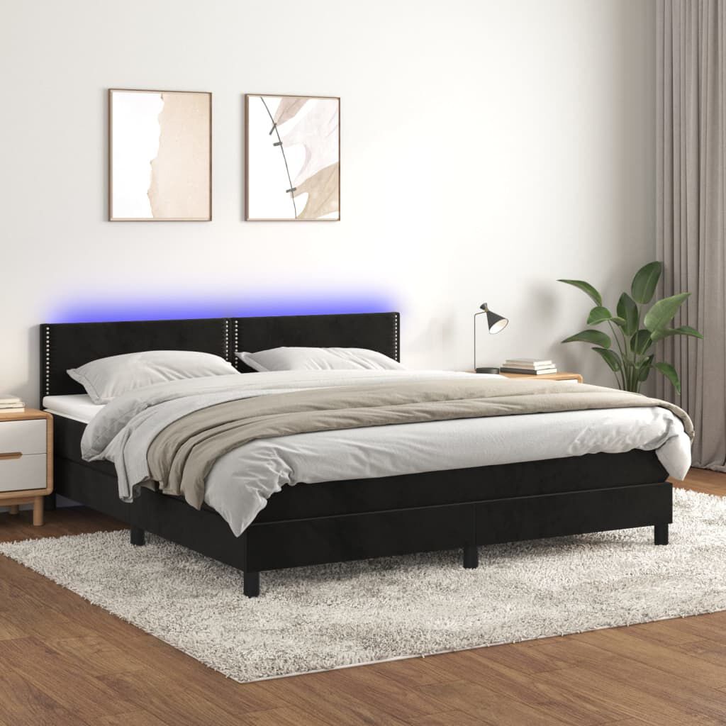 vidaXL Κρεβάτι Boxspring με Στρώμα & LED Μαύρο 180x200 εκ. Βελούδινο