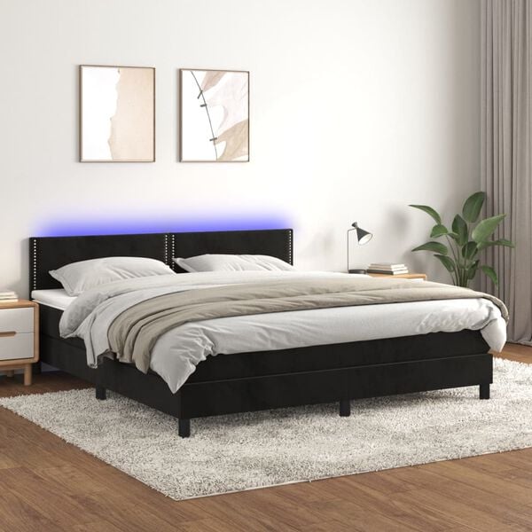 vidaXL Κρεβάτι Boxspring με Στρώμα & LED Μαύρο 180x200 εκ. Βελούδινο