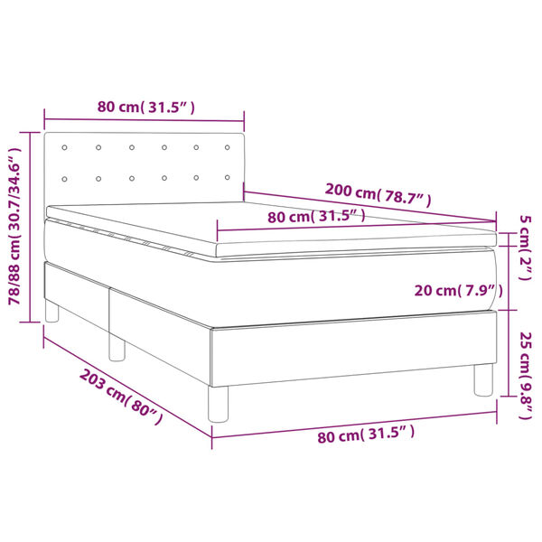 vidaXL Κρεβάτι Boxspring με Στρώμα & LED Σκ. Γκρι 80x200 εκ. Βελούδινο