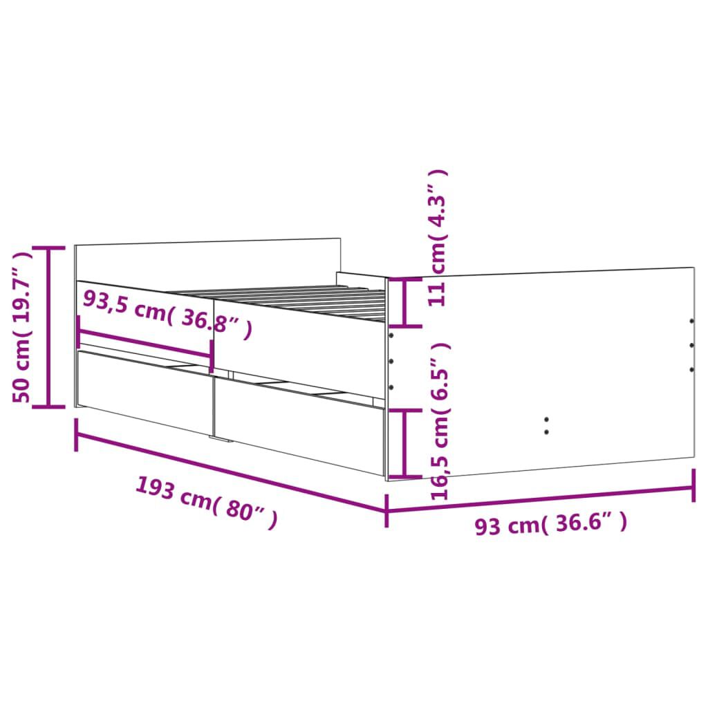 vidaXL Πλαίσιο Κρεβατιού με Συρτάρια Μαύρο 90 x 190 εκ.