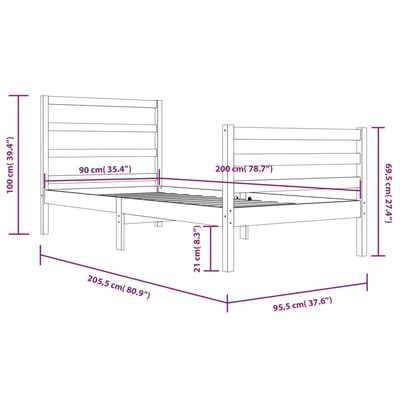 vidaXL Πλαίσιο Κρεβατιού Λευκό 90 x 200 εκ. από Μασίφ Ξύλο Πεύκου