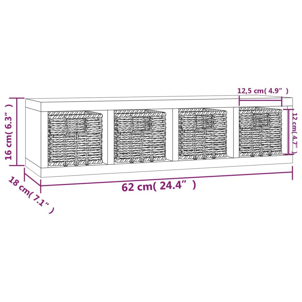 vidaXL Ράφι Τοίχου με Καλάθια 62 x 18 x 16 εκ. από Μασίφ Ξύλο Καρυδιάς