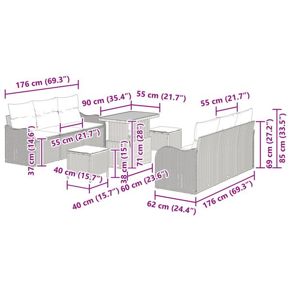 Σετ Καναπέ Κήπου vidaXL 9 τεμαχίων με Μαξιλάρια Μπεζ Πολυ Ρατάν Ακακία
