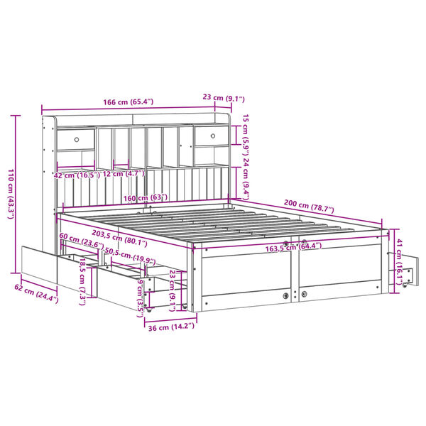 vidaXL Κρεβάτι Βιβλιοθήκη Χωρίς Στρώμα 160x200 εκ Μασίφ Ξύλο Πεύκου