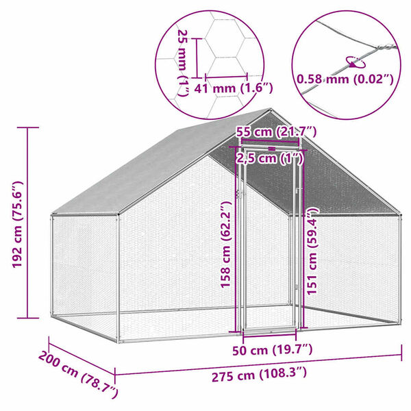vidaXL Κοτέτσι - Κλουβί Εξωτ.Χώρου 2,75x2x1,92 μ. από Γαλβανισμένο Χάλυβα