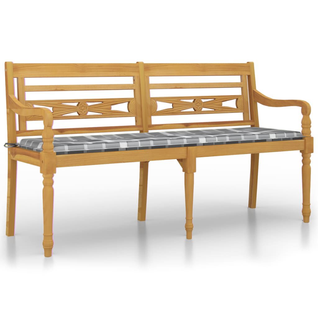 vidaXL Παγκάκι Batavia 150 εκ. Μασίφ Ξύλο Teak & Γκρι Καρό Μαξιλάρι