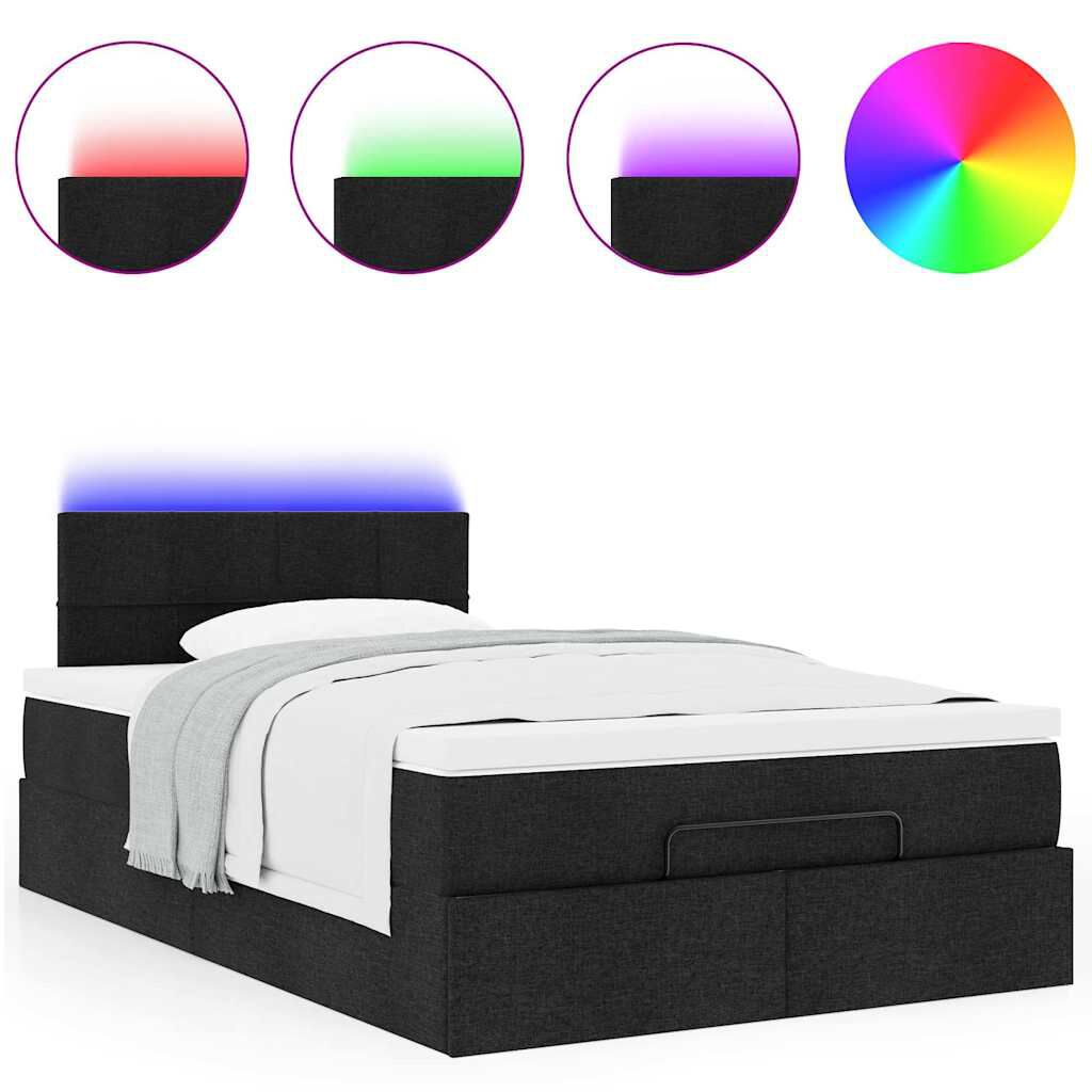 vidaXL Οθωμανικό κρεβάτι με στρώμα & LEDs Μαύρο 120x200 cm Ύφασμα