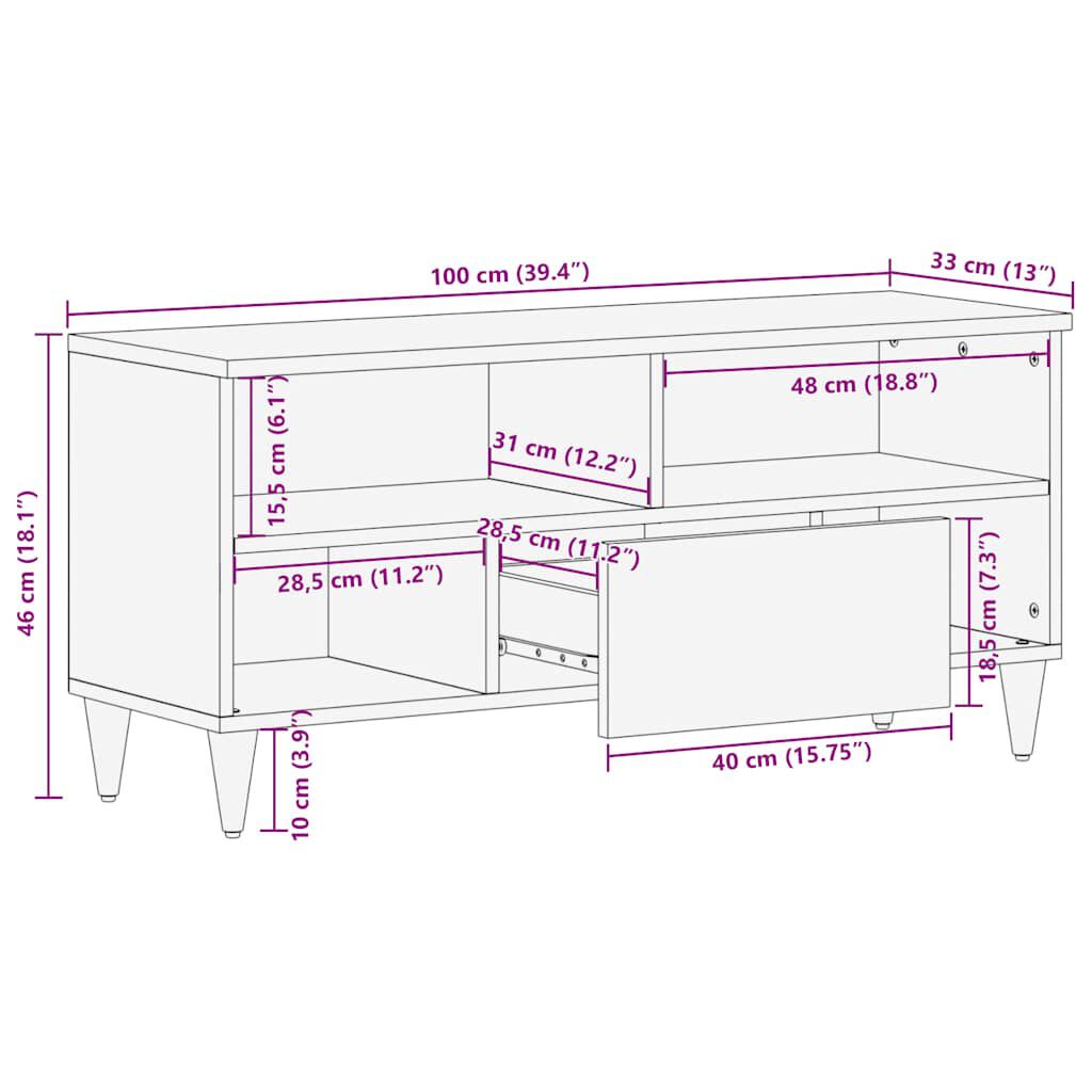 vidaXL Έπιπλο Τηλεόρασης Μαύρο 100 x 33 x 46 εκ. από Μασίφ Ξύλο Μάνγκο