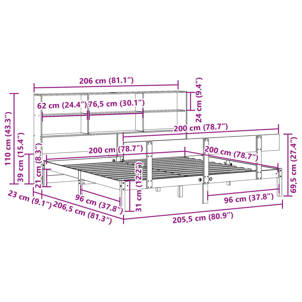 vidaXL Κρεβάτι Βιβλιοθήκη Χωρίς Στρώμα 200x200 εκ Μασίφ Ξύλο Πεύκου