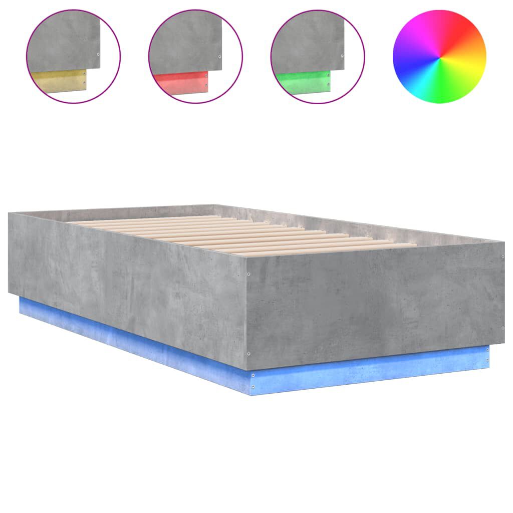 vidaXL Πλαίσιο Κρεβατιού με LED Γκρι Σκυρ. 90 x 190 εκ. Επεξεργ. Ξύλο