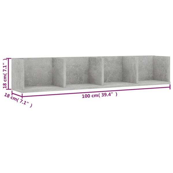vidaXL Ράφι Τοίχου για CD Γκρι Σκυροδέματος 100x18x18 εκ. Επεξ. Ξύλο