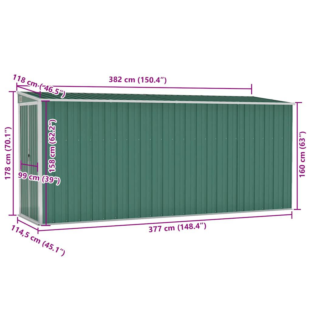 vidaXL Αποθήκη Κήπου Επιτοίχια Πράσινη 118x382x178 εκ από Γαλβ. Ατσάλι