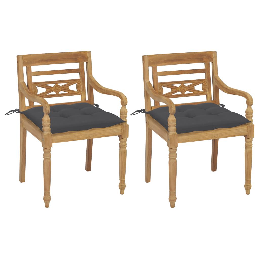 vidaXL Καρέκλες Batavia 2 τεμ. από Μασίφ Ξύλο Teak & Ανθρακί Μαξιλάρια