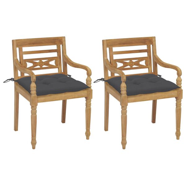 vidaXL Καρέκλες Batavia 2 τεμ. από Μασίφ Ξύλο Teak & Ανθρακί Μαξιλάρια