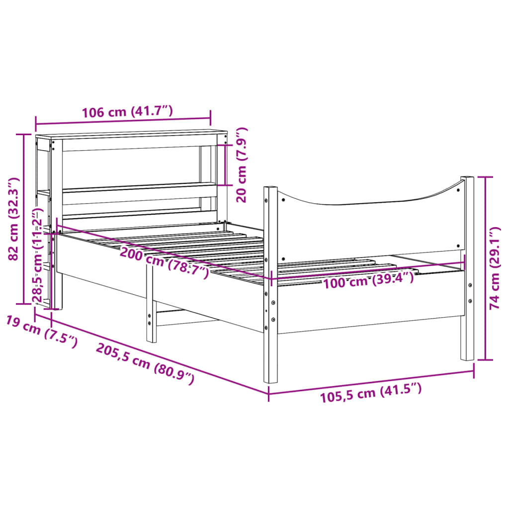 vidaXL Πλαίσιο Κρεβατιού με Κεφαλάρι Λευκό 100x200εκ Μασίφ Ξύλο Πεύκου
