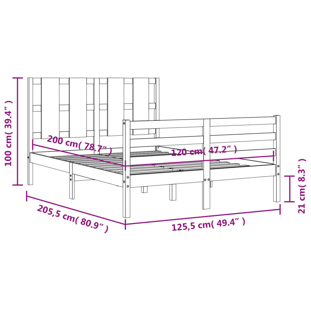 vidaXL Πλαίσιο Κρεβατιού με Κεφαλάρι 120x200 εκ. από Μασίφ Ξύλο