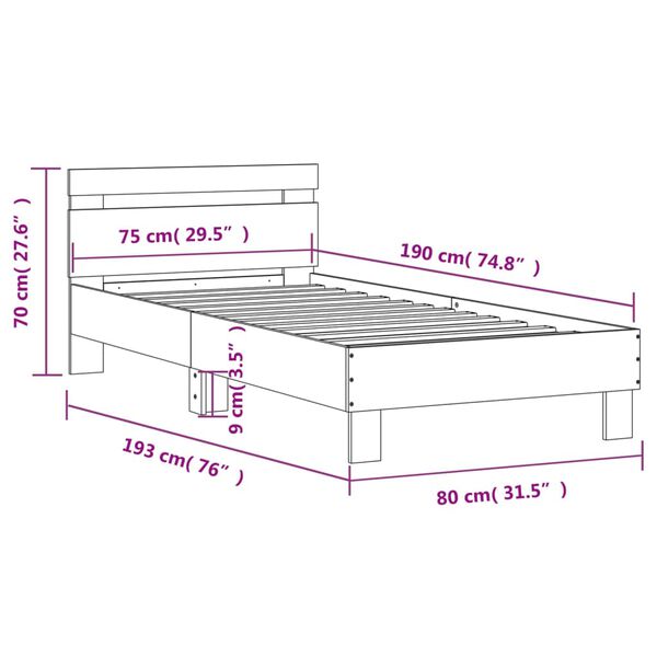 vidaXL Πλαίσιο Κρεβατιού με Κεφαλάρι & λυχνίες LED Μαύρο 75 x 190 εκ.