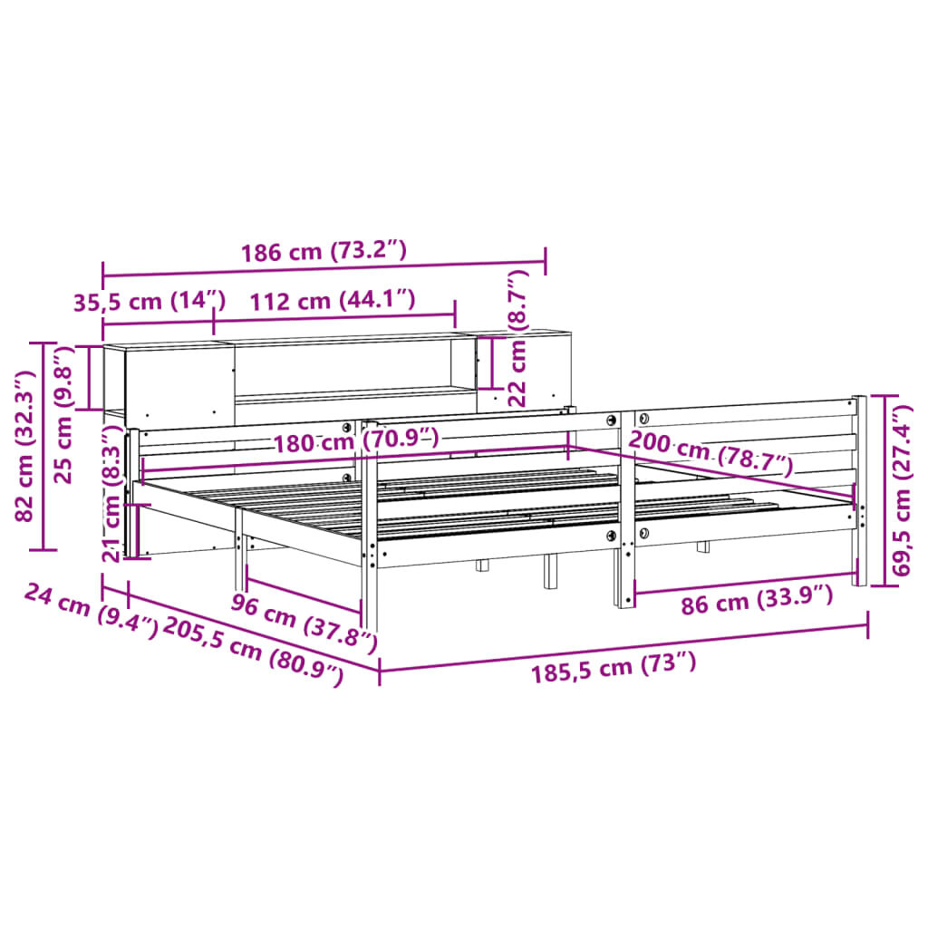 vidaXL Κρεβάτι Βιβλιοθήκη Χωρίς Στρώμα 180x200 εκ Μασίφ Ξύλο Πεύκου