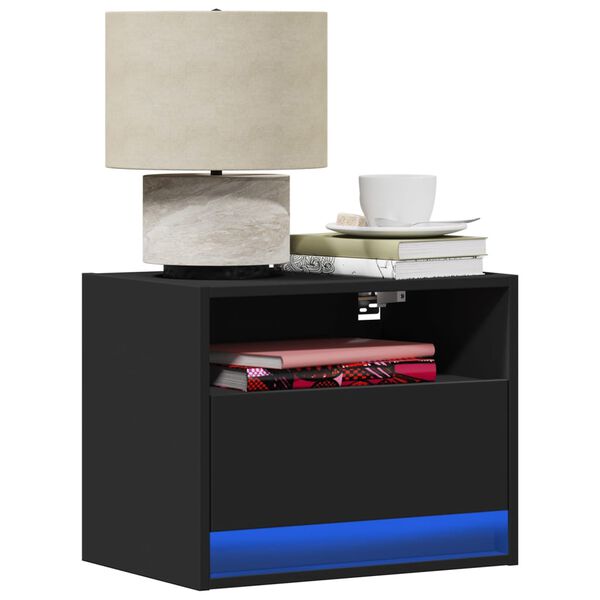 vidaXL Κομοδίνο Επιτοίχιο με Φώτα LED Μαύρο